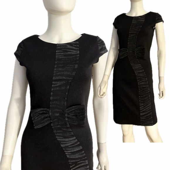 PALMETTO Dresses & Skirts - Black Cap Sleeve‎ Sheath Dress with Front Textured Bow Accent Zebra-Print Stripe